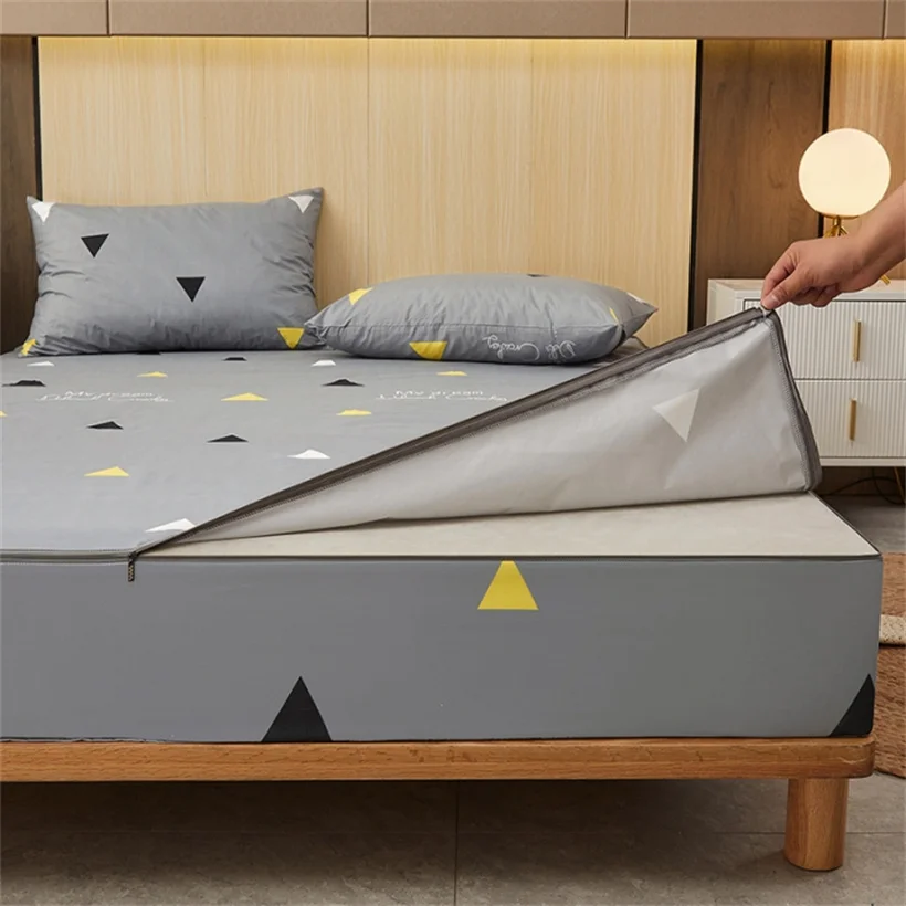 Fitted Sheet Waterproof Six-Sided With Zipper Mattress Cover Cartoon Printed Bed Cover Deep Pocket for 10/15/20/25cm Bedspreads