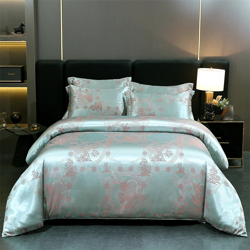 WASART Summer Satin Rayon Jacquard Duvet Cover Set 4pc Elegant Floral Luxury Bedding for Couple King Size 220x240 Cooling Fabric