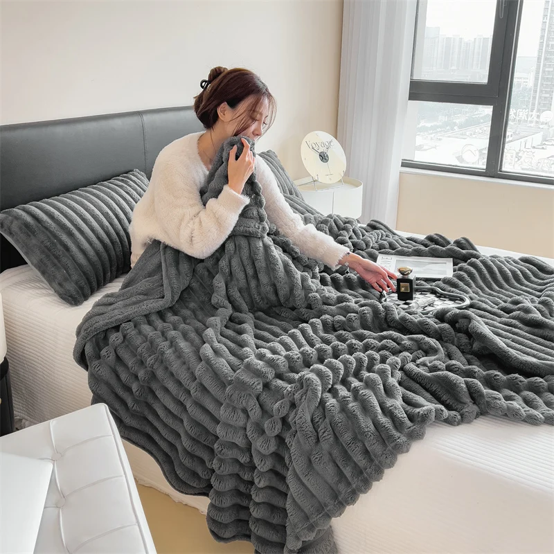 WASART Soft warm Imitation fur blanket winter fluffy rabbit plush large bedspread sofa throw coral fleece bed blanket home decor