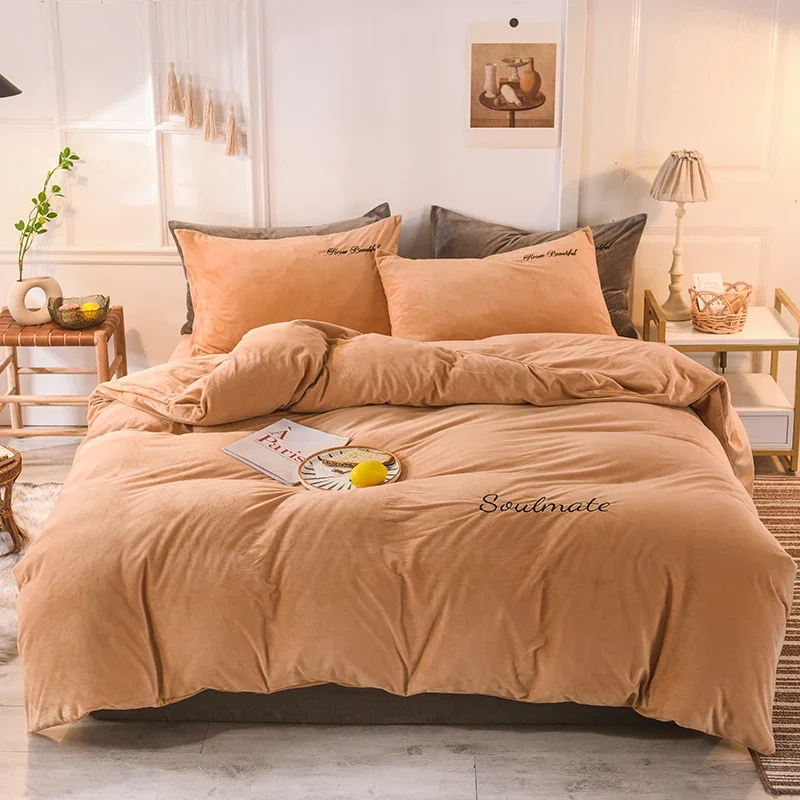 WASART Winter Warm Milk Fleece Duvet Cover 4PC Bedding Set Super King Size 220x240 Solid Embroidery Couple Luxury Home Textiles