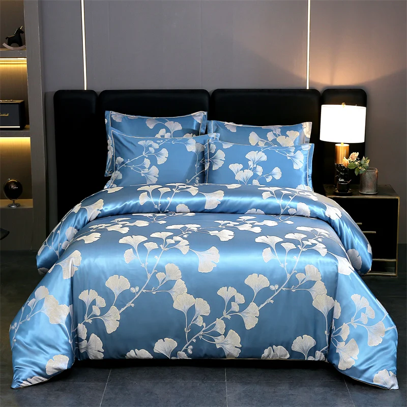 WASART Summer Satin Rayon Jacquard Duvet Cover Set 4pc Elegant Floral Luxury Bedding for Couple King Size 220x240 Cooling Fabric