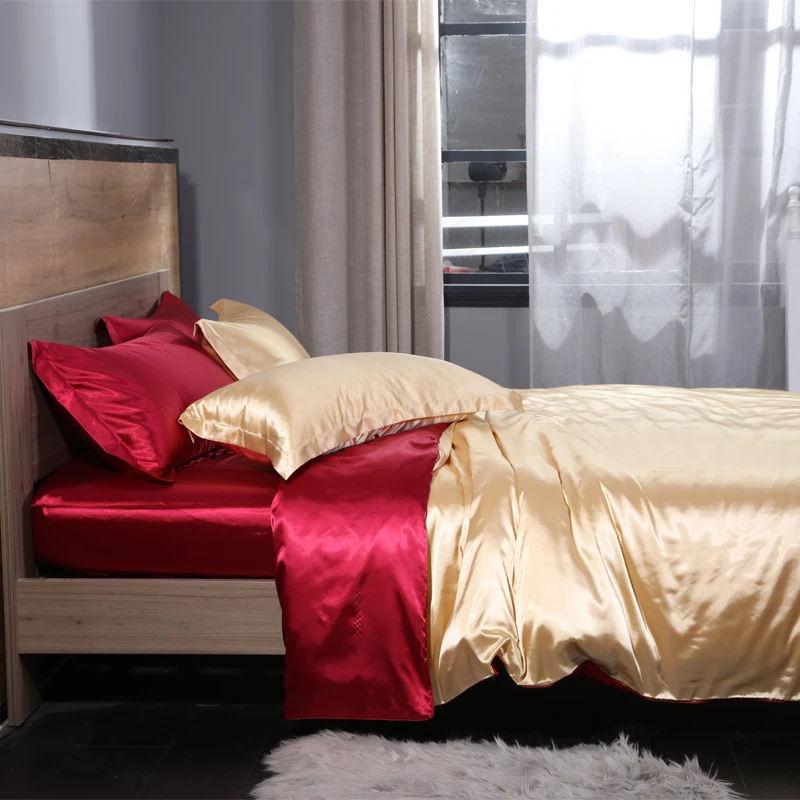 Blend Mulberry Silk Luxury Bedding Set Fitted & Flat Sheet Silky Duvet Cover Pillowcase for Home Hotel Premium Queen King Size