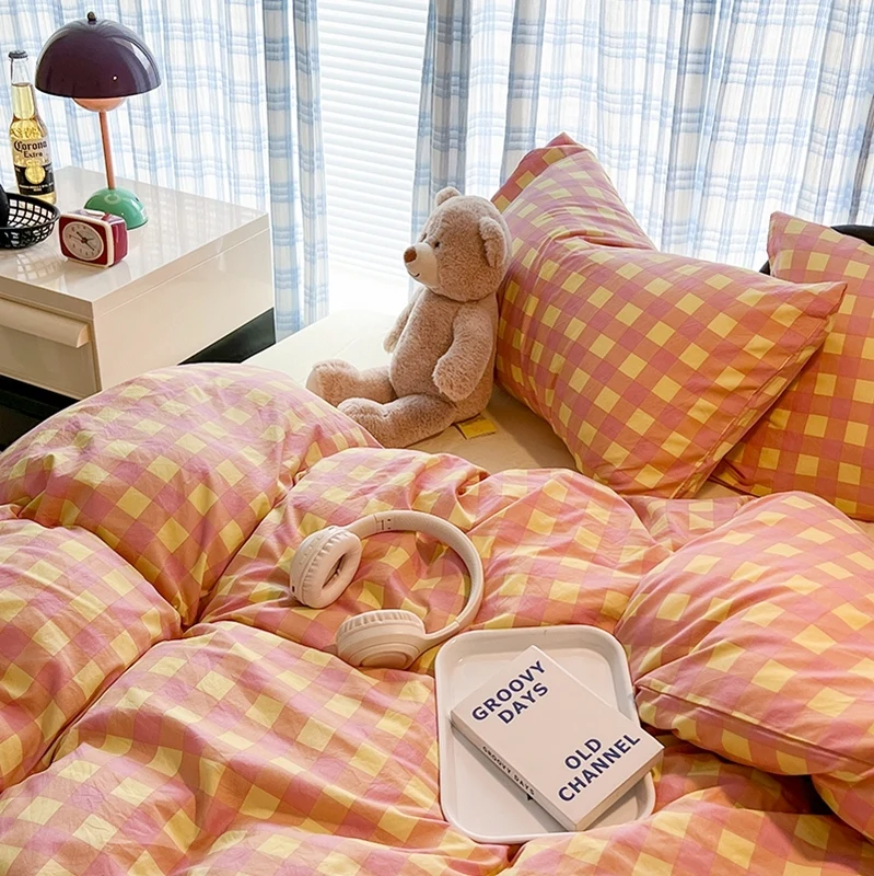 100% Cotton Soft Bedding Set Plaid Pattern Duvet Cover with Pillow Case Flatsheet Bedclothes Bedspread Pillowcases Comforter Set