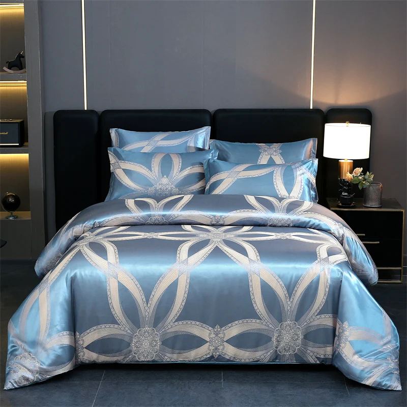 WASART Summer Satin Rayon Jacquard Duvet Cover Set 4pc Elegant Floral Luxury Bedding for Couple King Size 220x240 Cooling Fabric