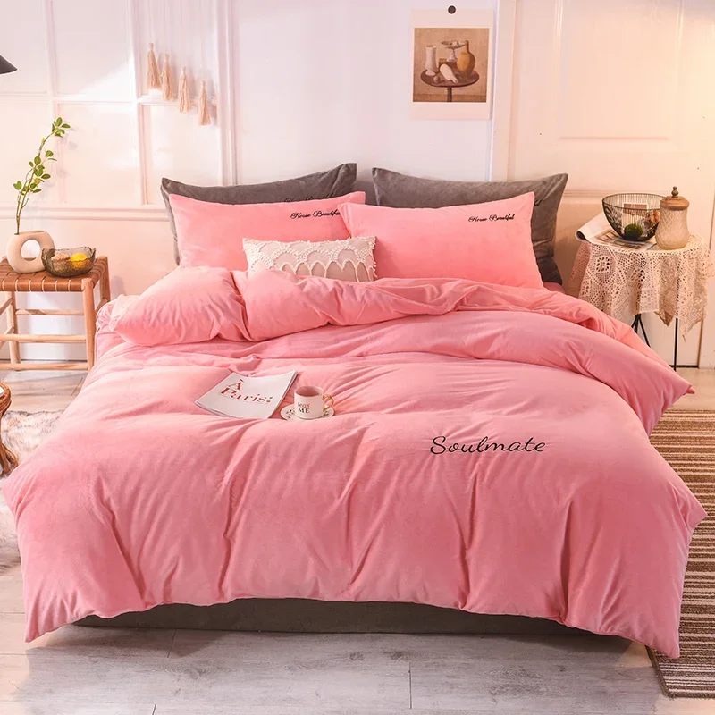 WASART Winter Warm Milk Fleece Duvet Cover 4PC Bedding Set Super King Size 220x240 Solid Embroidery Couple Luxury Home Textiles