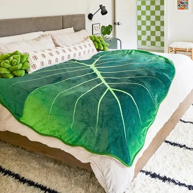 WASART Warm velvet giant leaf blanket for bed gloriosum plant printed winter fluffy fleece sofa plaid throw blanket extra large