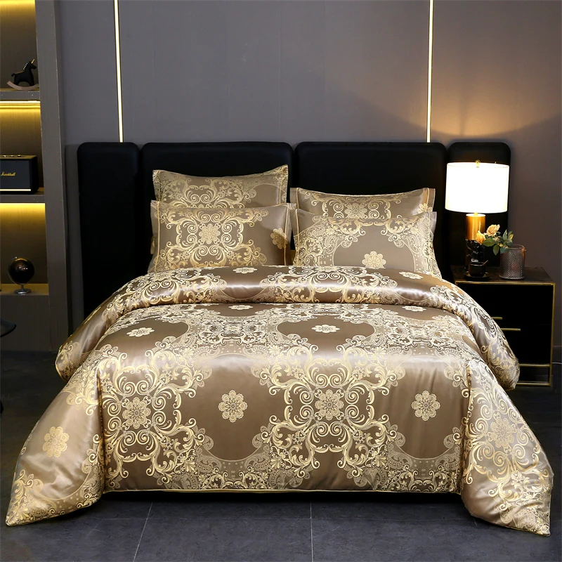 WASART Summer Satin Rayon Jacquard Duvet Cover Set 4pc Elegant Floral Luxury Bedding for Couple King Size 220x240 Cooling Fabric