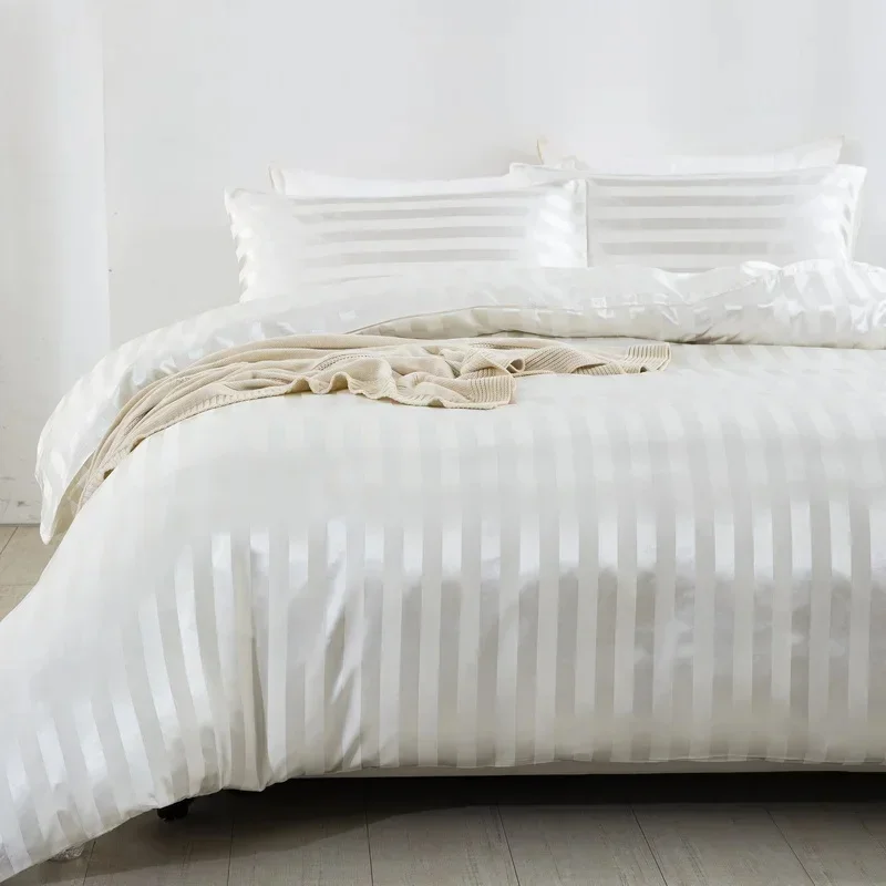 WASART Satin Stripe Ivory White Duvet Cover Luxury Bedding Set Hotel Style 220x240cm Couple Comforter set King Size Hypoallergen