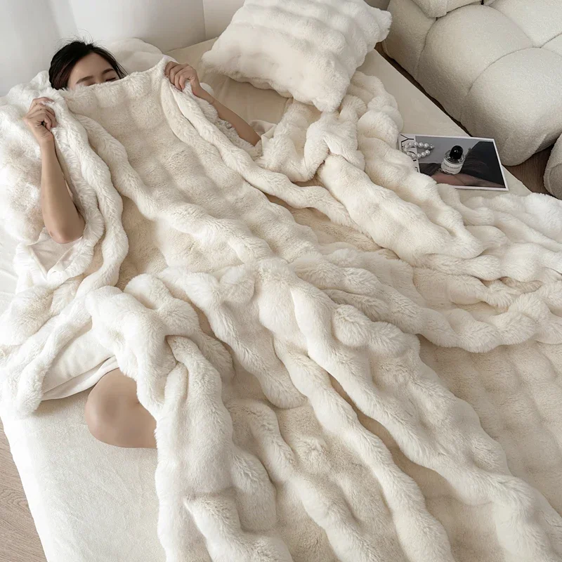 WASART Faux fur plush throw blanket warm winter soft fluffy blankets for bed luxury plaid couch cover for sofa pillow case gift