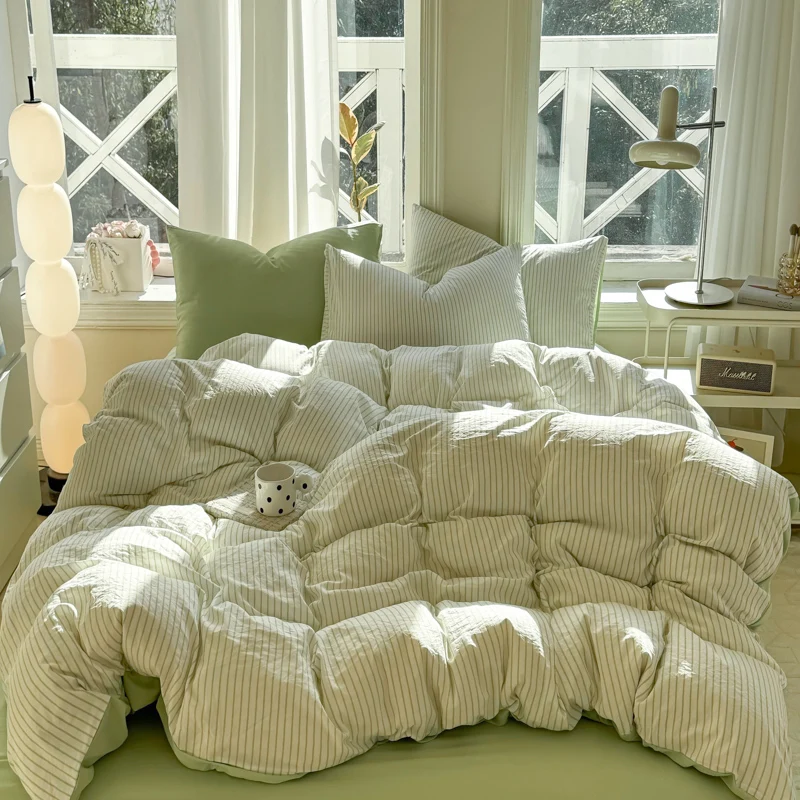Simple Striped Washed Cotton Duvet Cover Set 3/4 Pieces Bedding Set with Quilt Cover Bed Sheet Sets Pillowcase Soft Breathable