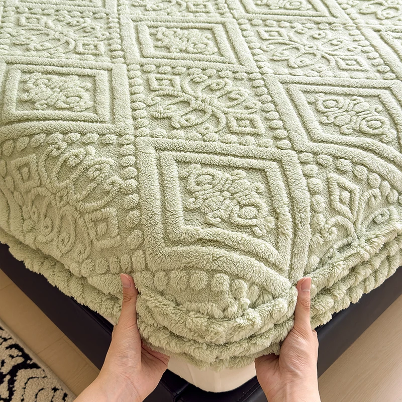 Jacauard Thick Warm Coral Plush Mattress Cover High Qulaity Abti-Slip Breathable Fitted Bed Sheet Single Double Queen King Size