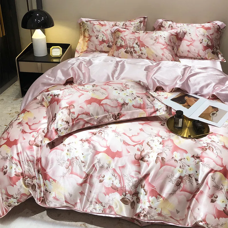 Floral Mulberry Silk Bedding Set with Duvet Cover Bed Sheet Luxury High-end Quilt Cover Fitted/Flat Bedsheet Double Queen Size