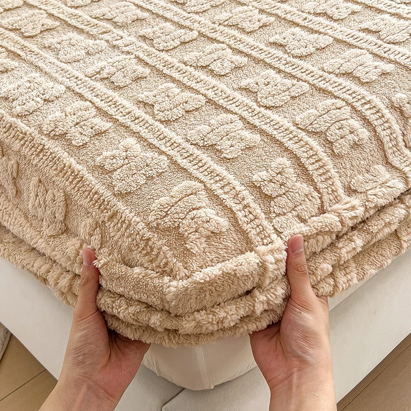 Jacauard Thick Warm Coral Plush Mattress Cover High Qulaity Abti-Slip Breathable Fitted Bed Sheet Single Double Queen King Size