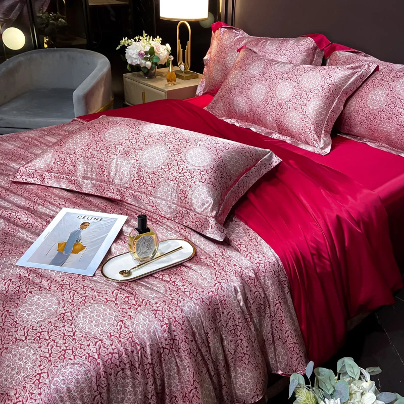 Luxury Floral Silk Bedding Set with Duvet Cover Fitted & Flat Bed Sheet Pillowcase Silky Smooth Bed Sheet Sets Twin Full Queen