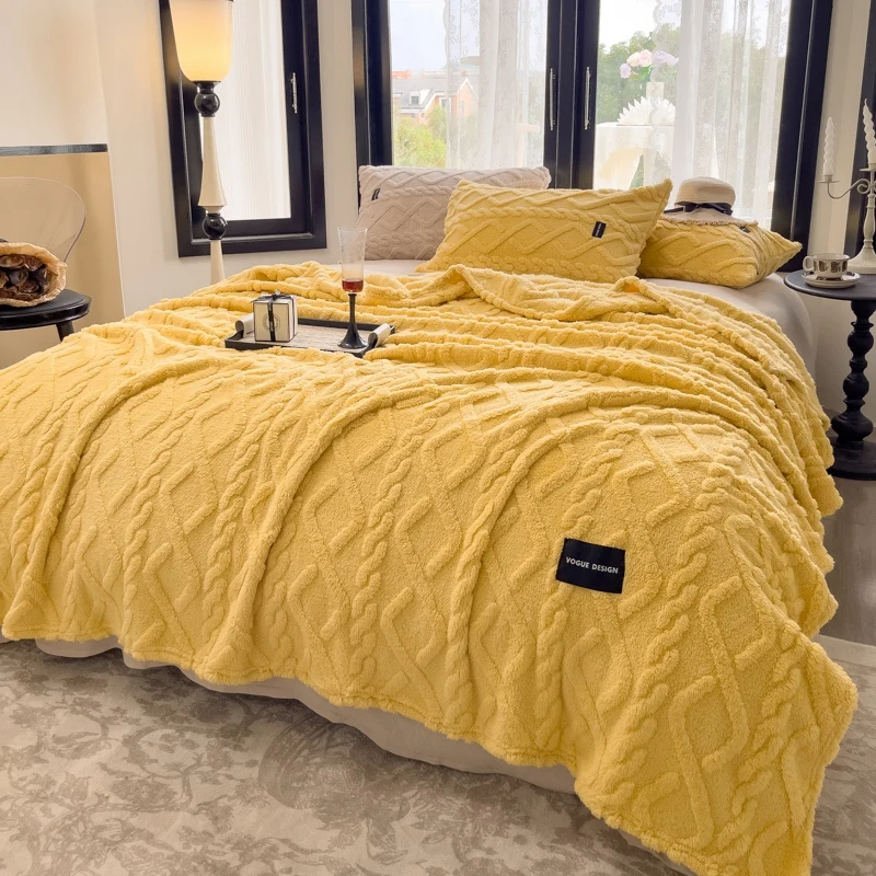 WASART Soft warm yellow flannel plaid blanket autumn winter velvet fleece stitch fluffy thick bed linen sofa throw big bedspread