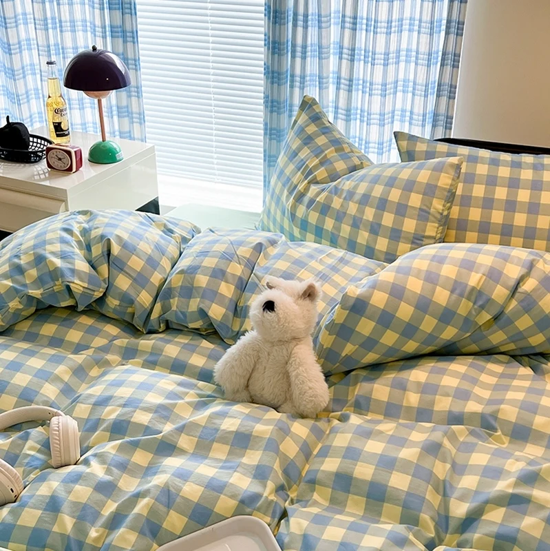 100% Cotton Soft Bedding Set Plaid Pattern Duvet Cover with Pillow Case Flatsheet Bedclothes Bedspread Pillowcases Comforter Set
