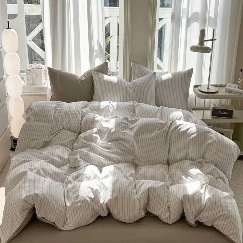 Simple Striped Washed Cotton Duvet Cover Set 3/4 Pieces Bedding Set with Quilt Cover Bed Sheet Sets Pillowcase Soft Breathable