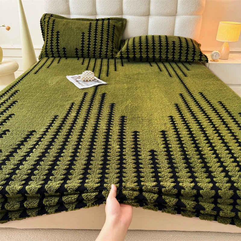 WASART Soft warm plush fitted sheet elastic mattress cover fluffy coral fleece jacquard bed linen winter luxury bedding 150x200
