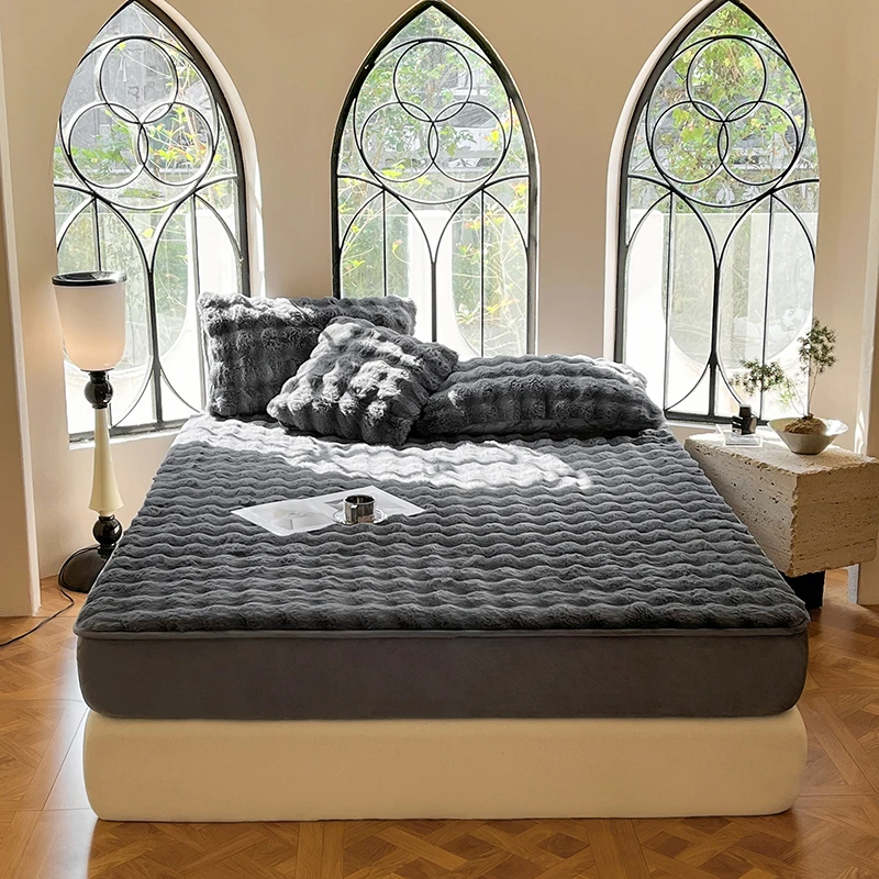 New Thickened Imitation Rabbit Fur Fitted Sheet with All Around Elastic Bands Winter Warm Bed Linen Plush Soft Mattress Cover
