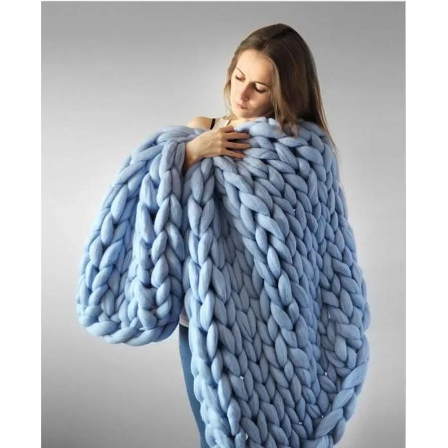 WASART Chunky merino wool blanket thick large yarn roving knitted blanket winter warm plaid throw blankets sofa bed blanket