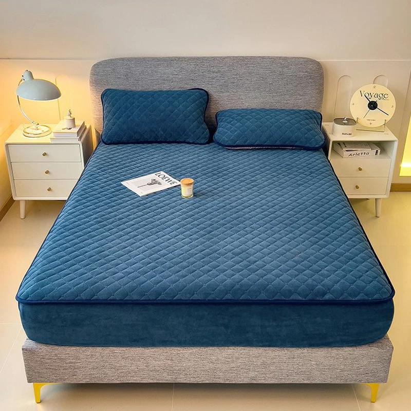 WASART Winter Warm Coral Fleece Mattress Protector Cover Quilted Thermal Elastic Fitted Sheet Luxury Double Bed Protection Pad