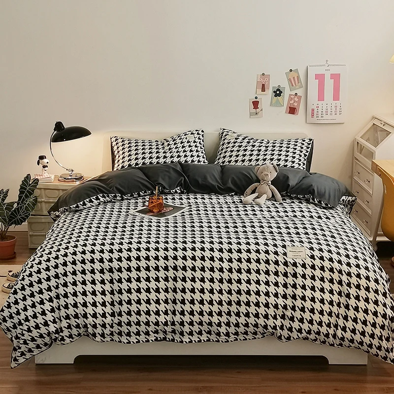 Pure Cotton Home Textile Plaid Pattern Bedding Set Simple Soft Duvet Cover Flat/Fitted Sheets Pillowcases Bed Linens Queen King