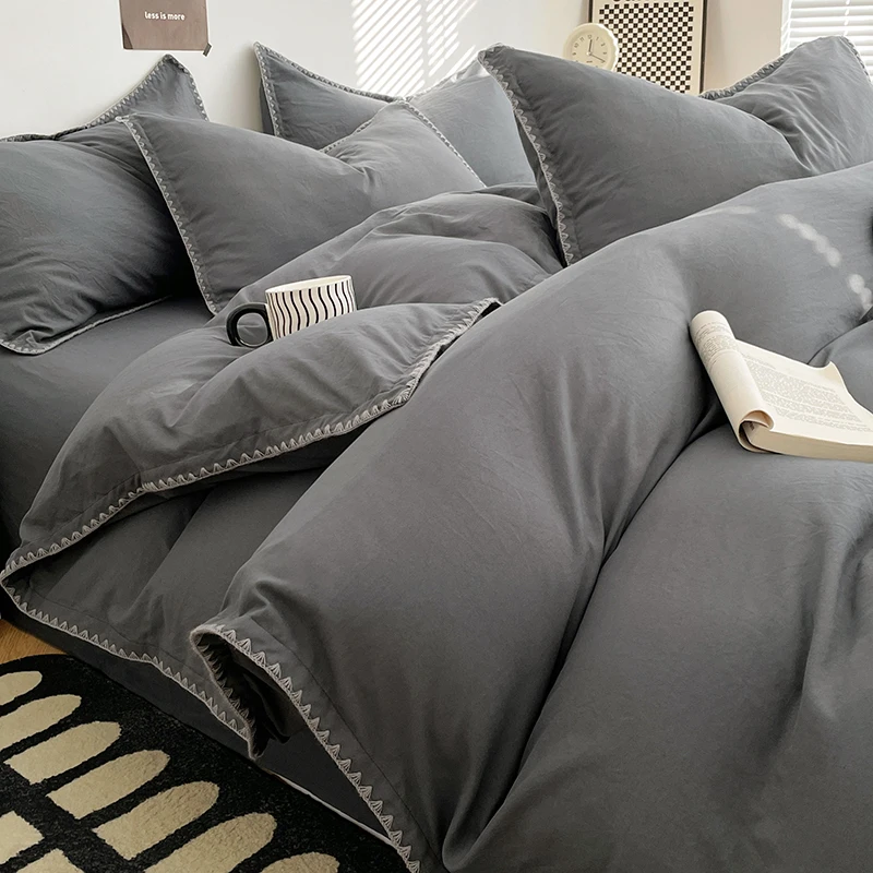 Simple Washed Cotton Bed Linen Bedding Set Four Piece Flat/Fitted Bed Sheet Set Comforter Set Full Double Couple Bed Quilt Cover