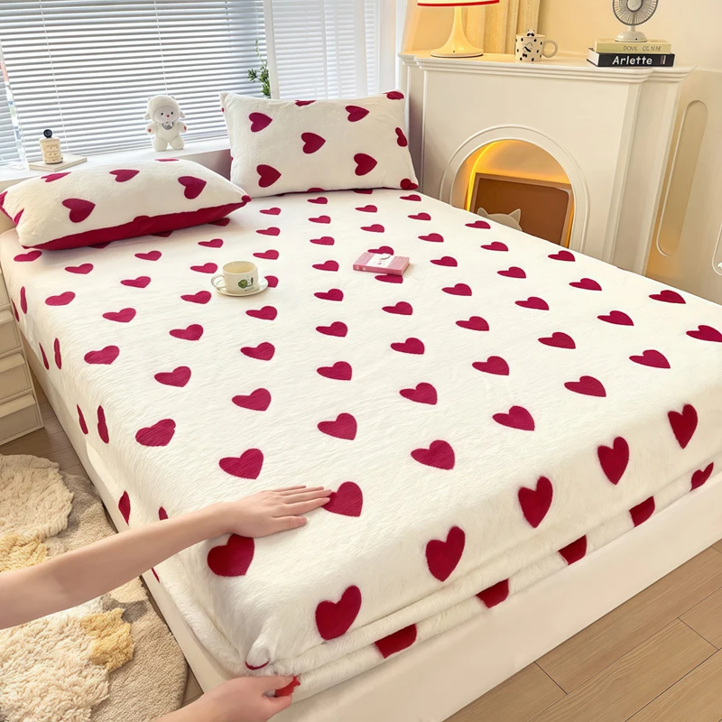 WOSTAR Winter warm plush fitted sheet elastic mattress protector cover red heart printed fluffy coral fleece bed linens 200x220