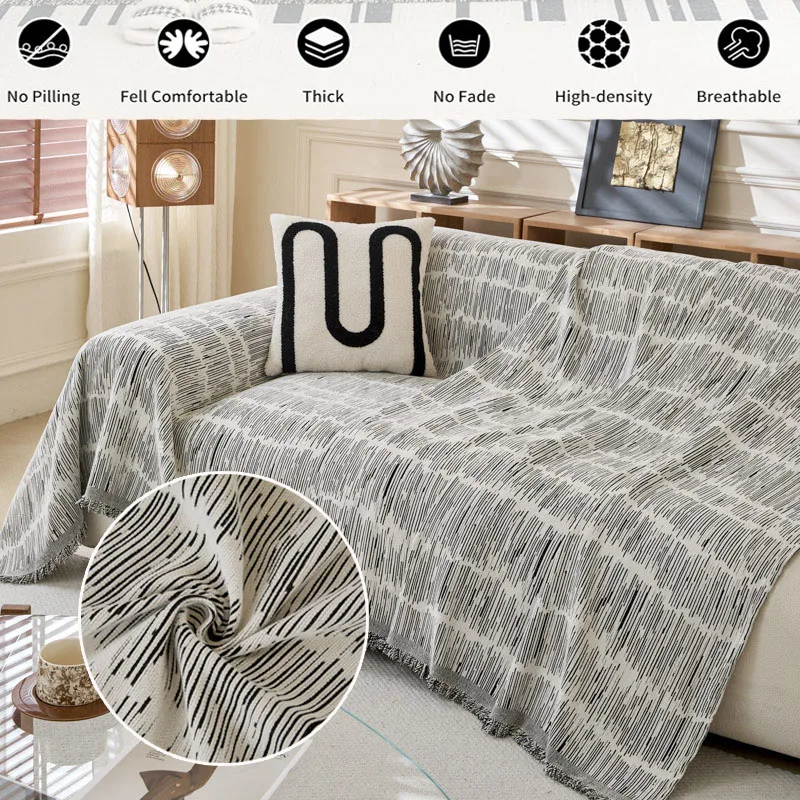 Minimalism Jacquard Chenille Sofa Towel Mat with Tassels Double Sides for Living Room Camping Travel Large Blanket Couch Cushion