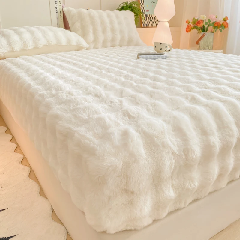 WASART Warm Winter Plush Fitted Sheet Elastic Mattress Protector Cover Fluffy Bubble Coral Fleece Bed Linens 180x200 King Size