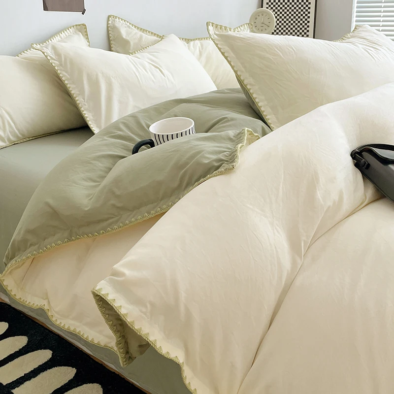 Simple Washed Cotton Bed Linen Bedding Set Four Piece Flat/Fitted Bed Sheet Set Comforter Set Full Double Couple Bed Quilt Cover