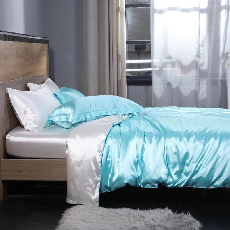 Blend Mulberry Silk Luxury Bedding Set Fitted & Flat Sheet Silky Duvet Cover Pillowcase for Home Hotel Premium Queen King Size
