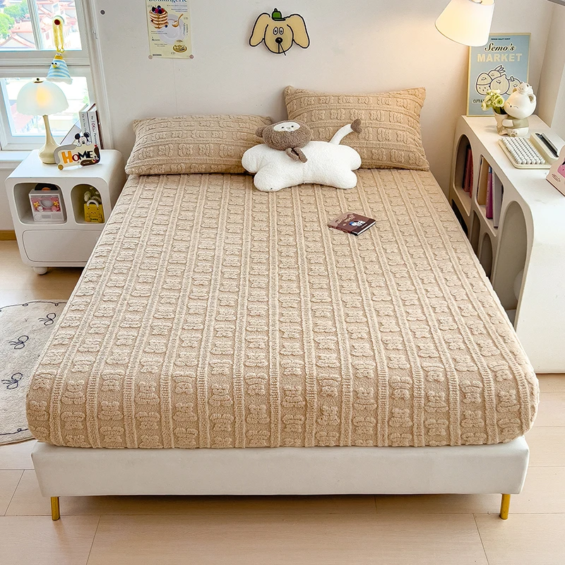 Jacquard Fleece Velvet Fitted Sheet Plush Soft Bed Cover Mattress Cover with Elastic Band Autumn Winter Warm Bed Sheet 120/160cm