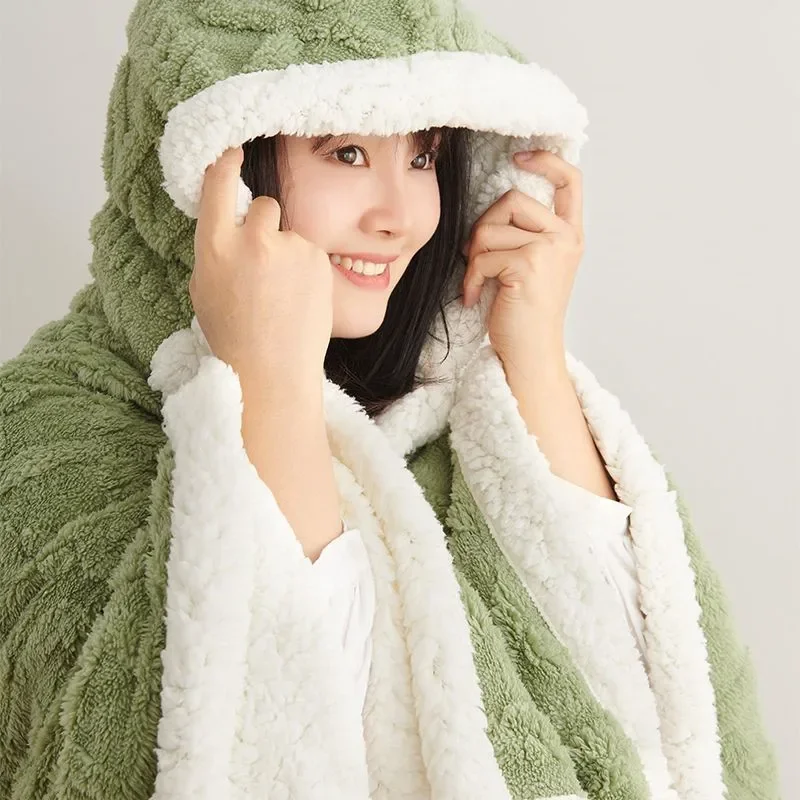 WASART Soft warm coral fleece cape blanket hooded wearable blanket winter fluffy plush outdoor flannel hoodie blanket shawl