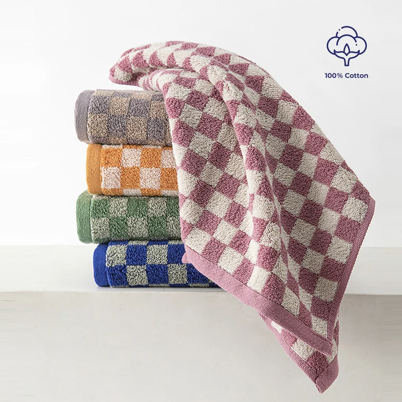 Battilo Plaid Cotton Bath Towels Set Soft Absorbent Daily Cleansing Face Hand Towel Set Patterned Lightweight Towel for Bathroom