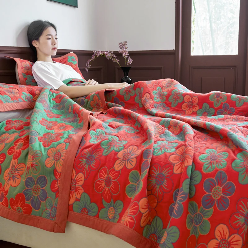 WASART Pure cotton twel muslin quilt sofa blanket bohemian floral print luxury double bed summer bedspread thin duvet king size
