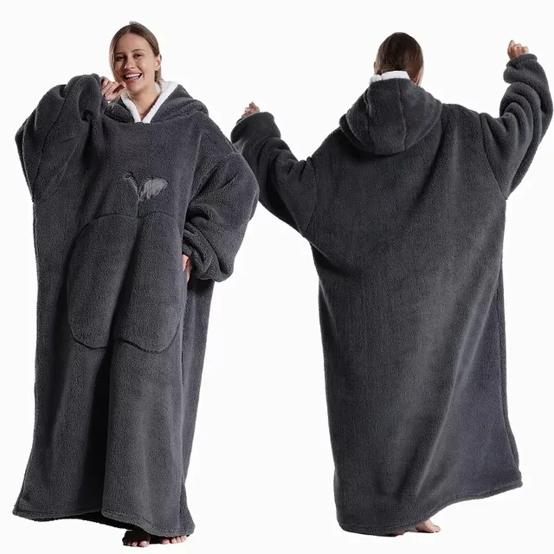 WASART Winter extra long wearable hoodies blanket adult warm pullover sweatshirt oversized fleece hooded blanket with sleeves