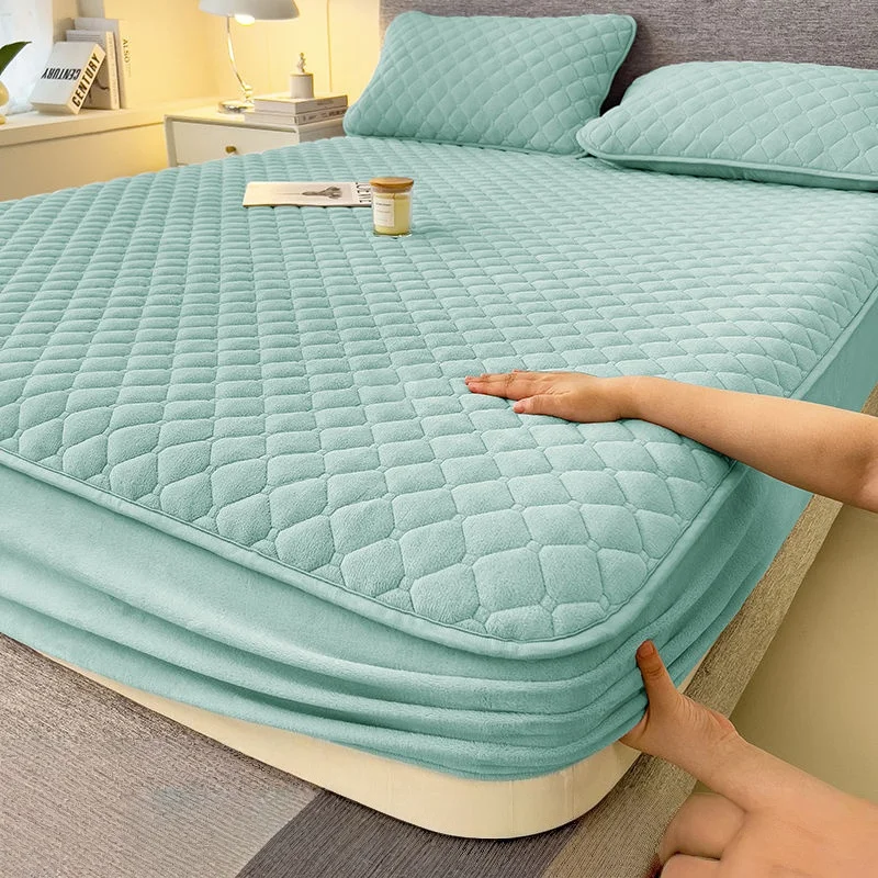 WASART Winter Warm Coral Fleece Mattress Protector Cover Quilted Thermal Elastic Fitted Sheet Luxury Double Bed Protection Pad