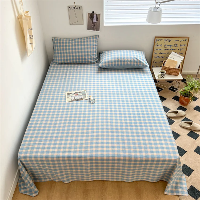 100% Pure Cotton Bedsheet 1pc Flat Sheets Nordic Grid Pattern Bed Sheet Soft Comfort Home Textile Without Pillowcase Multi-Size