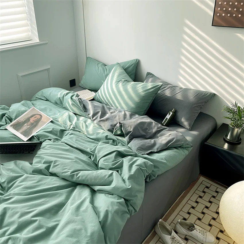 Ins Style Bedding Set Washed Cotton Duvet Cover Pillowcase Solid Color Soft Comforer Quilt Cover Bedspreads Bed Linen Flat Sheet