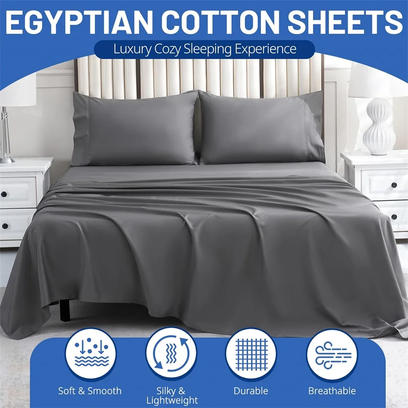 100% Egyptian Cotton Bed Sheet Set 1600 Thread Count Bedding Set Luxury Flat Top Sheet Fitted Bed Sheets Pillowcase Smooth Soft