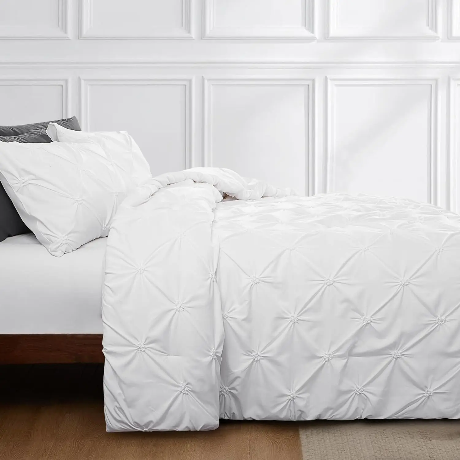 Battilo Pinch Pleated Duvet Cover Set Solid Quilt Cover with 2PCS Pillowcases Soft Bedding Set for Twin Full Queen King Size Bed