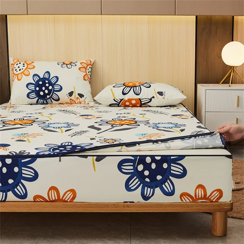 Fitted Sheet Waterproof Six-Sided With Zipper Mattress Cover Cartoon Printed Bed Cover Deep Pocket for 10/15/20/25cm Bedspreads