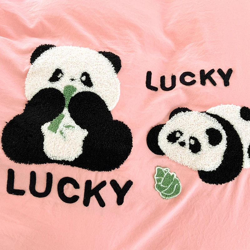 Embroidered Panda Duvet Cover Set 100% Cotton Bedding Set Flat/Fitted Sheet Quilt Cover Pillowcase Single Double Queen Size Ins