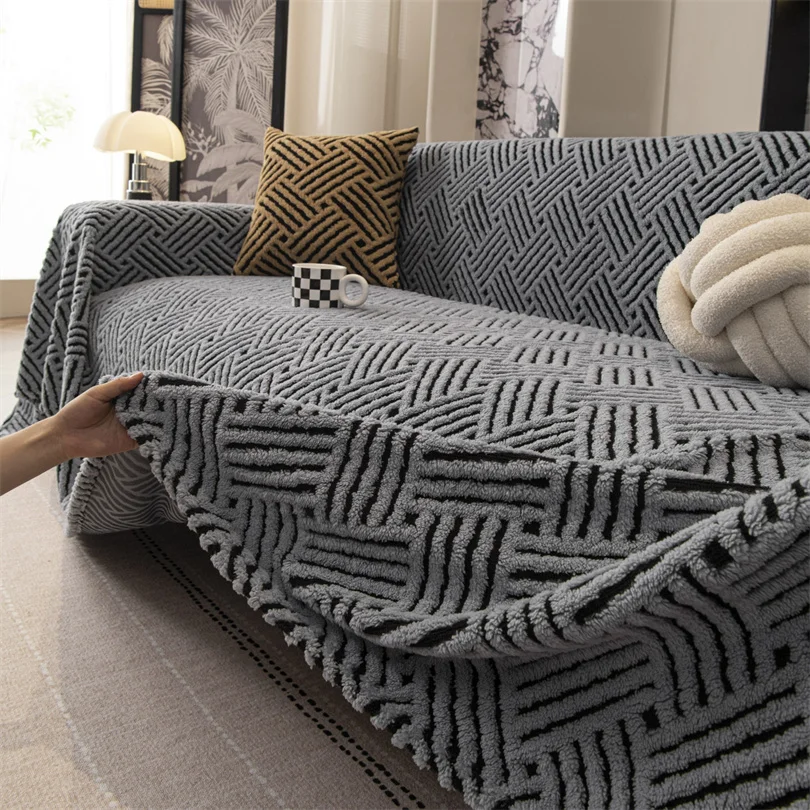 Fleece Plush Sofa Cover Cloth Thickne Anti-Slip Sofa Towel Geometric Style Couch Seat Cushion Cover Full Coverage Velvet Blanket