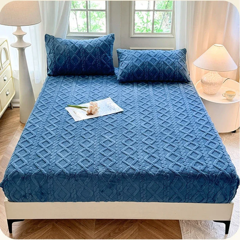 WASART Fluffy plush fitted sheet elastic mattress protector cover warm winter bed linen couple double bed bedding king size