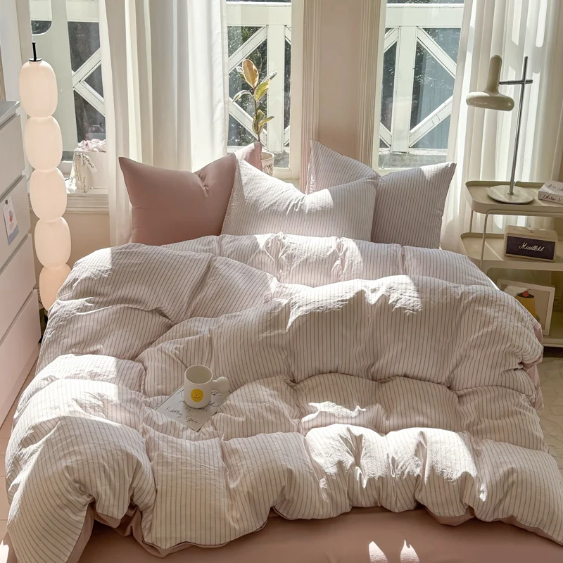 Simple Striped Washed Cotton Duvet Cover Set 3/4 Pieces Bedding Set with Quilt Cover Bed Sheet Sets Pillowcase Soft Breathable