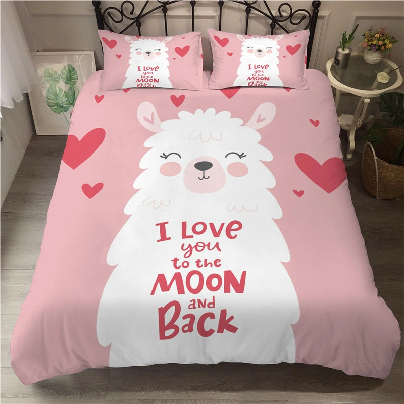 Cute Girl Pink Bedding Set Cartoon Alpaca Print Duvet Cover 140X200 Duvet Cover Bed Single Double Queen Bed Sets(No Sheet)